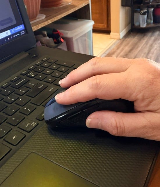 hand on a mouse with a laptop